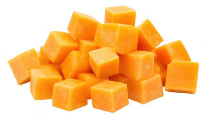 A pile of freshly cut orange cheese cubes arranged on a white background. their smooth texture and rich color. ideal for culinary presentations and recipes