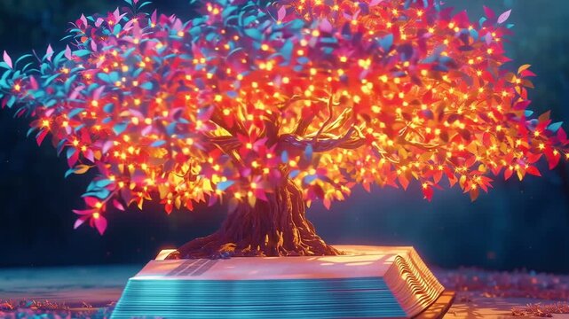 Magical glowing tree growing from an open book in cinematic slow motion