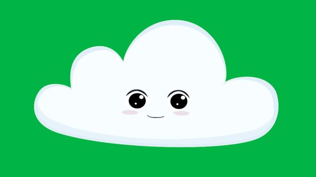 A cheerful white cloud character with rosy cheeks and big eyes smiles sweetly on a green screen chromakey background in this 2d animated cartoon animation. Perfect for adding joyful weather elements