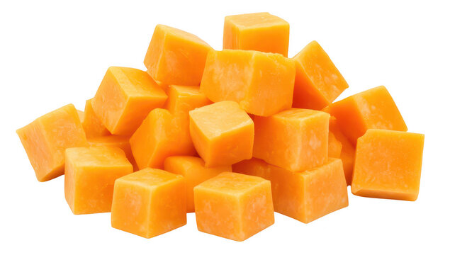 A pile of freshly cut orange cheese cubes arranged on a white background. their smooth texture and rich color. ideal for culinary presentations and recipes