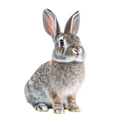 Obraz premium A fluffy rabbit sitting gracefully against a white background. its soft fur and alert expression. perfect for animal-themed projects or educational materials