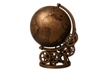 Steampunk brass globe with intricate gears, showcasing world map continents for travel, education, and innovation concepts