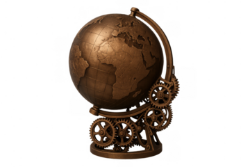 Steampunk brass globe with intricate gears, showcasing world map continents for travel, education, and innovation concepts