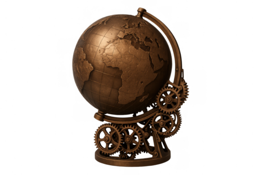 Steampunk brass globe with intricate gears, showcasing world map continents for travel, education, and innovation concepts