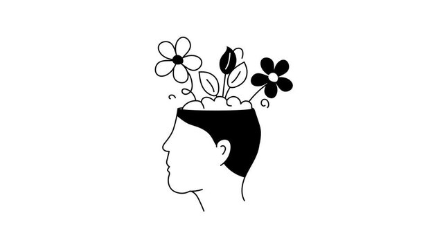 An animated icon of a person head and shoulders in profile, with flowers and leaves growing out of their mind