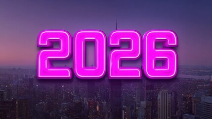 Bright Neon Representation of the Year 2026 Against a Sunset City Skyline Background