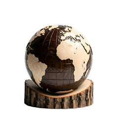 Wooden globe on a rustic tree stump base showcasing continents and oceans.