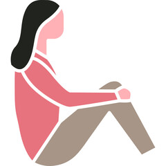 Stylized Woman Sitting Down in Pink Top and Gray Pants with Long Dark Hair Transparent Background