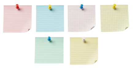 Blank colorful square memo notes pinned with pushpins ready for writing text or reminders. isolated PNG with Transparent Background