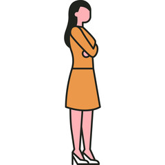 Stylized Woman Standing Confidently With Arms Crossed Wearing An Orange Dress And High Heels Isolated On A White Background