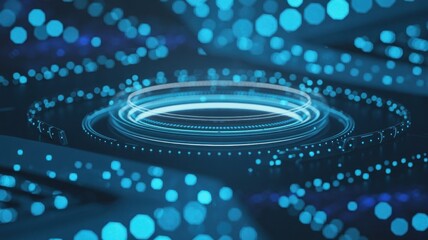 Abstract digital art depicting a glowing blue circular portal or interface with intricate patterns and bokeh lights, representing technology and data