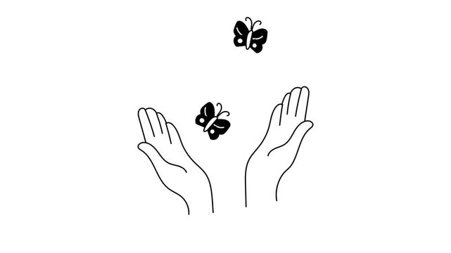 A simple, illustration depicts two hands reaching for butterflies