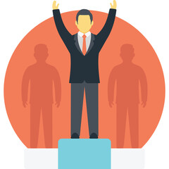 Successful Man Standing on Podium Celebrating Victory With Arms Raised High in Front of Silhouettes in Orange Circle and Blue Pedestal Against White Background