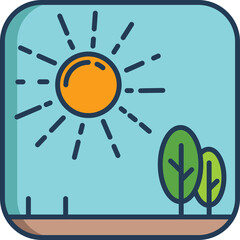 Sunny Day With Two Green Trees Under A Bright Orange Sun Against A Light Blue Sky And Brown Ground And Dark Blue Border