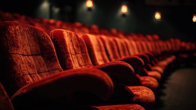 Red plush seats create a cozy atmosphere in a movie theater interior perfect for enjoying cinematic experiences on a relaxed evening
