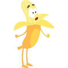 Surprised Cartoon Banana Character with Wide Eyes and Open Mouth Standing on Legs with Arms Outstretched Against a White Background