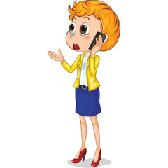 Surprised Businesswoman with Orange Hair Talking on Phone Wearing Yellow Jacket Blue Skirt and Red Heels Expressing Shock Isolated on White Background