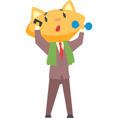 Surprised Orange Cat Character Head Person Wearing Business Suit and Tie Holding Blue Bubbles and Phone on White Background