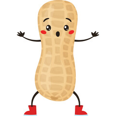 Surprised Cartoon Peanut Character Wearing Red Boots Standing Against White Background With Open Arms And Blushing Cheeks