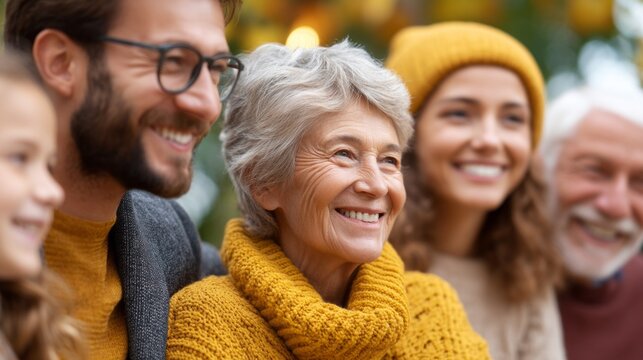 Family members of all ages gather joyfully in a park, sharing smiles and stories. The warm autumn colors create a cozy atmosphere as laughter fills the air, celebrating togetherness