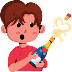 Surprised Young Person Celebrating With Champagne Bottle Splashing Liquid In Heart Shape Animation With Transparent Background