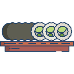 Sushi Rolls with Avocado Filling on a Wooden Platter Isolated on Transparent Background Minimalist Illustration Style