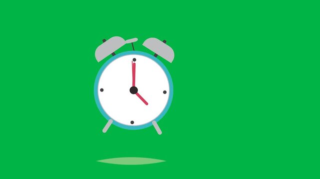 A white alarm clock with black hands vibrates while ringing on a green screen chromakey background in this 2d animated cartoon animation. Great for dynamic time alerts or countdown tension.
