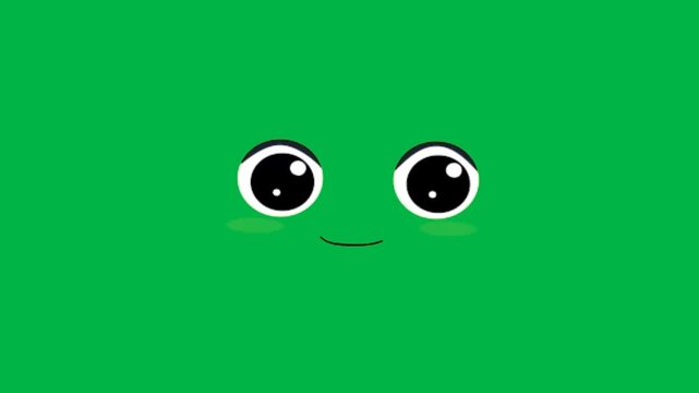 A green cartoonish face with big eyes smiles shyly on a green screen chromakey background in this 2d animated cartoon animation. Suited for cute reactions or friendly character intros.