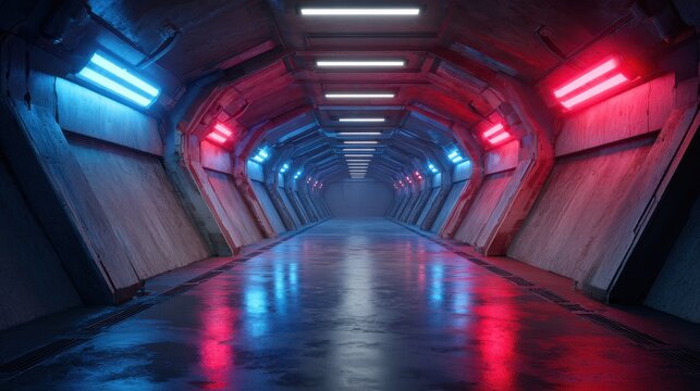 Commercial high-resolution photo of futuristic scifi corridor with red and blue neon lights.