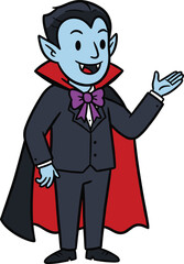 Cartoon vampire character with cape and fangs in friendly pose, perfect for Halloween design, horror theme, or spooky vector content