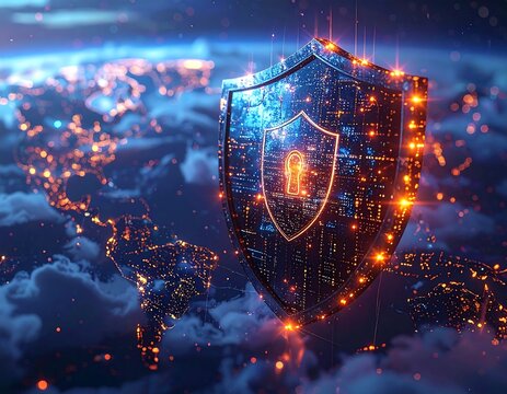 Digital shield with glowing circuits protects Earth's illuminated cityscape