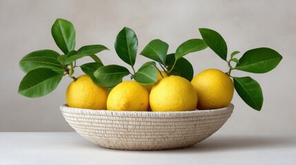 Fresh Lemons With Green Leaves in a Natural Basket Arranged for Culinary Decoration and Healthy Eating