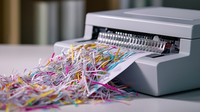 Colorful Paper Shreds Exiting White Office Shredder