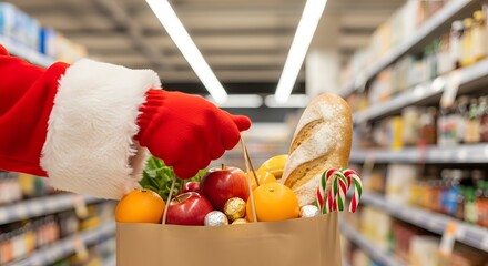 Santa claus filling a paper bag with groceries in a supermarket