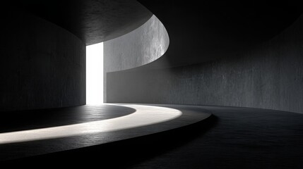 abstract background with modern abstract shapes, curved lines, and light in the center of an empty room. minimalist architecture. the concrete wall is made up of a wavy line pattern. wide format.