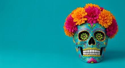 Colorful day of the dead sugar skull with vibrant flower hair on teal background
