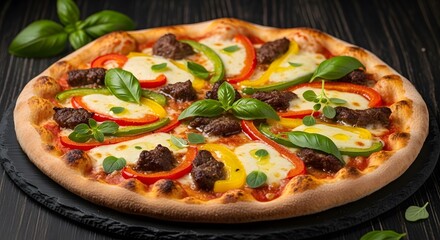 Delicious pizza with beef, mozzarella, and colorful bell peppers on a dark surface