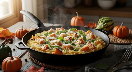 Butternut squash risotto with parmesan cheese and herbs in a cast iron pan