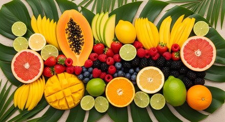 A vibrant assortment of tropical fruits arranged on lush green monstera leaves