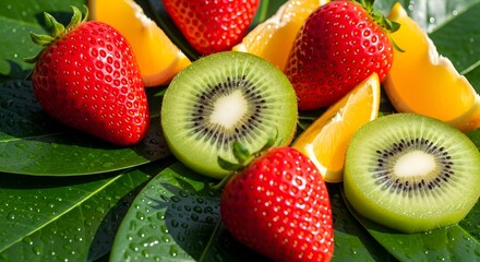 Closeup of fresh strawberries, kiwi slices, and orange wedges on green leaves