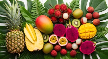 Exotic tropical fruits and green leaves create a vibrant and colorful still life