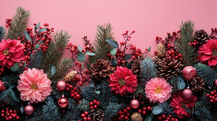 Vibrant Christmas Floral Arrangement on Pink Background for Festive Banner