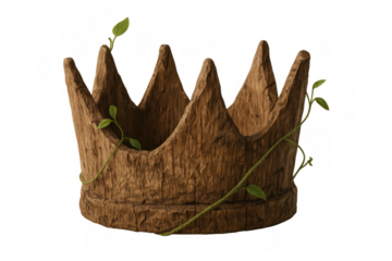 Wooden crown symbolizing nature's royalty, growth, and fantasy, with green vines wrapping around its bark texture
