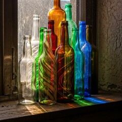 Sunlight Passing Through Stacked Glass Bottles With Colorful Light Rays – Abstract Rainbow Reflection Art