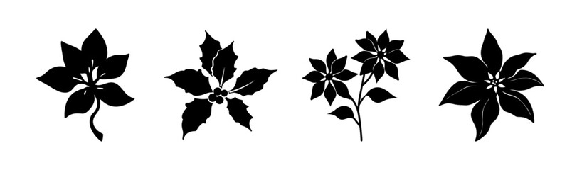 Vector silhouettes of diverse botanical elements: leaves, holly, poinsettia