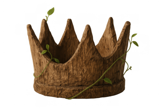 Wooden crown symbolizing nature's royalty, growth, and fantasy, with green vines wrapping around its bark texture