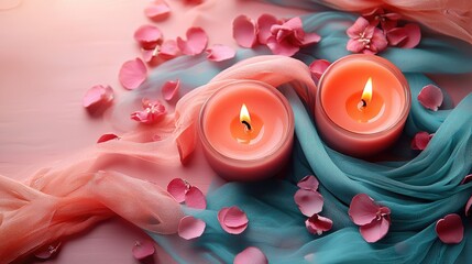 Colorful Diwali Candles and Petals on Soft Fabric Background