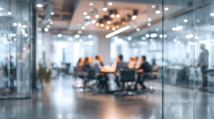 blurred background of a business meeting in a modern office with glass walls and people sitting at the table.