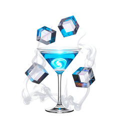 Elegant blue cocktail with ice cubes and a swirling design perfect for a refreshing drink.