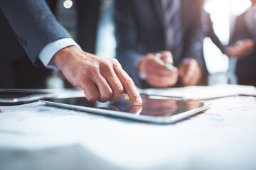 businessmen working together with a tablet and documents on a table, close-up of hands using a touch screen device for a business plan in the office. concept of project management.